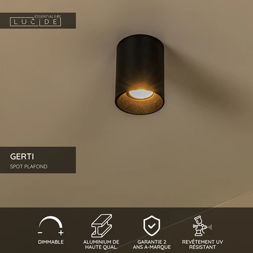 Lucide GERTI - Spot plafond - Ø 8 cm - 1xGU10 - Des anneaux interchangeables inclus - Noir - Essential - USP